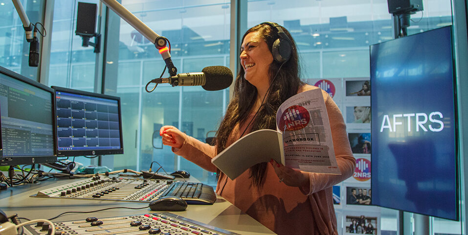 AFTRS student broadcasting live in studio